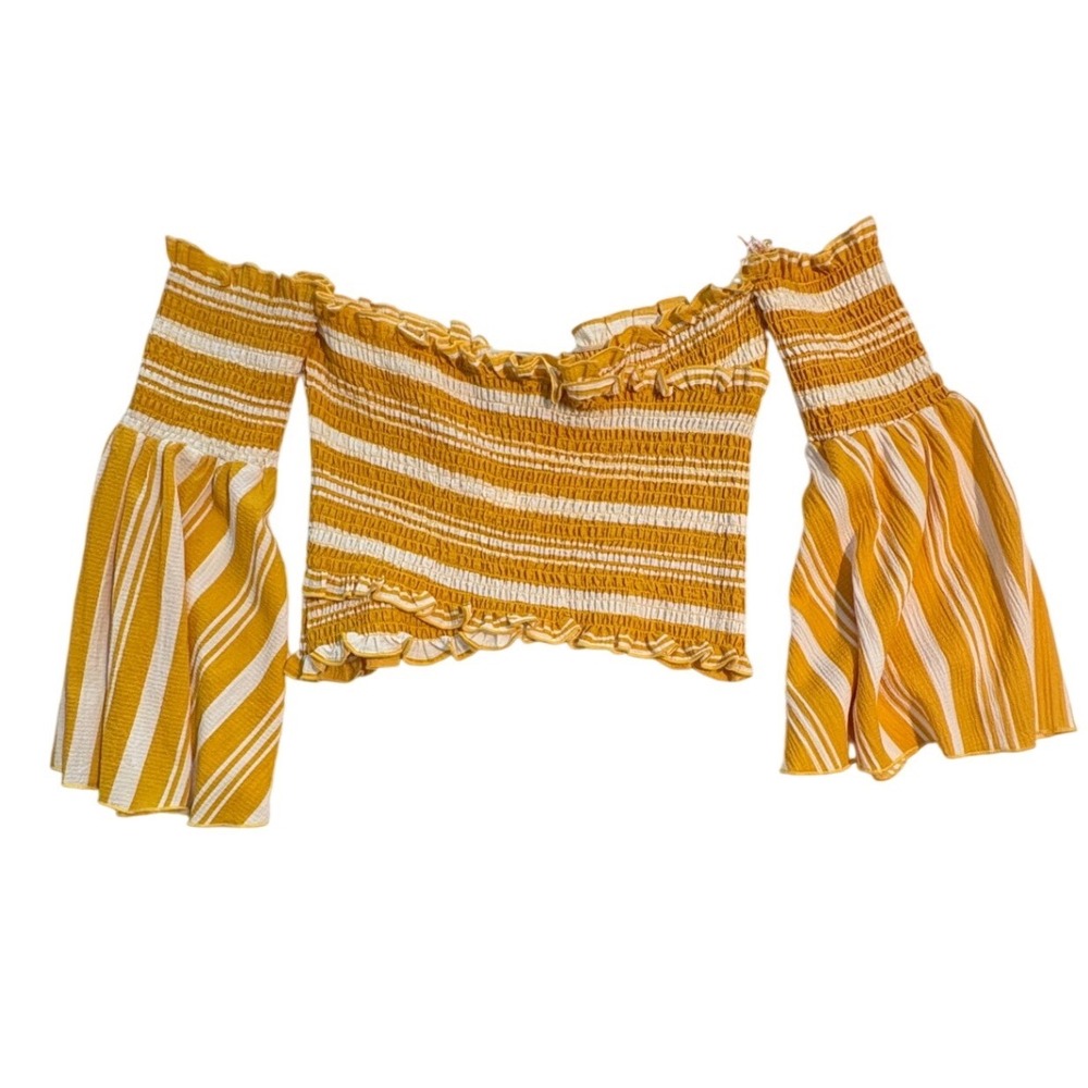 Flying Tomato Mustard Yellow Striped Smocked Off Shoulder Bell Sleeve Crop Top M